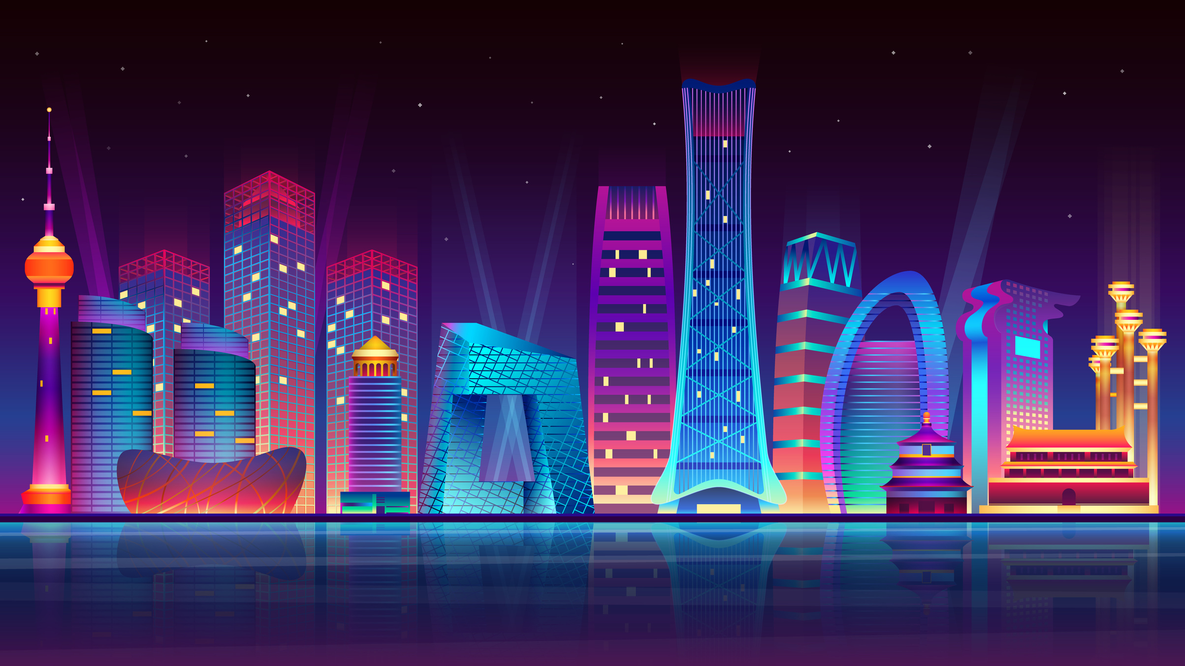 Night Beijing City illuminated by neon lights.  illustration